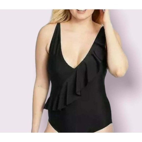 Kona Sol  Swimsuit NWT Women's One Piece Deep Asymmetrical Ruffle Black Medium - Picture 1 of 3